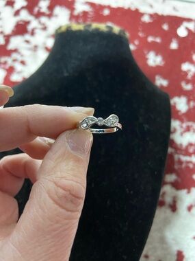 Silver Tone Bow Accent Ring with Clear Crystals - Women's Jewelry